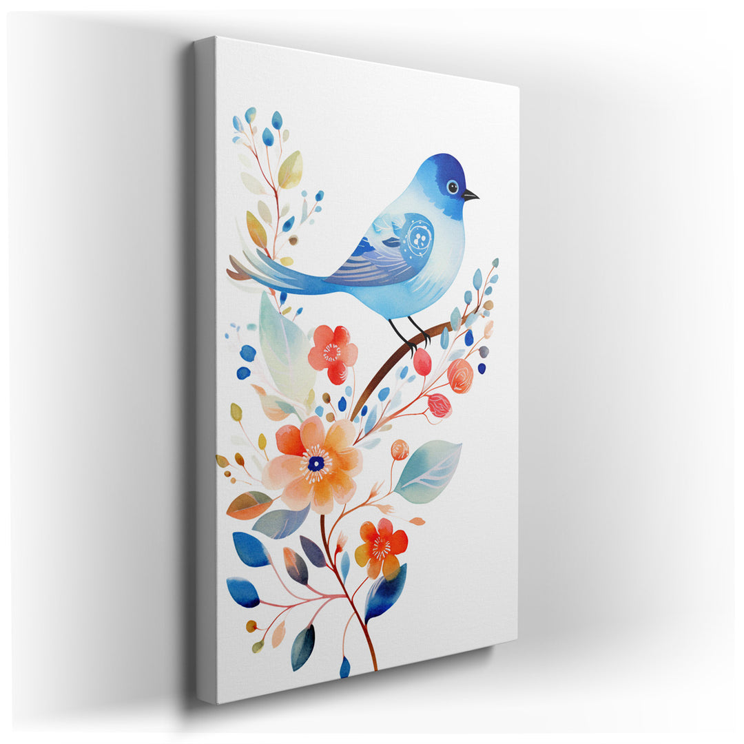 canvas print on wrapped canvas for wall decor – This enchanting wall art captures the serene beauty of a stylized blue bird perched gracefully on a branch, surrounded b...