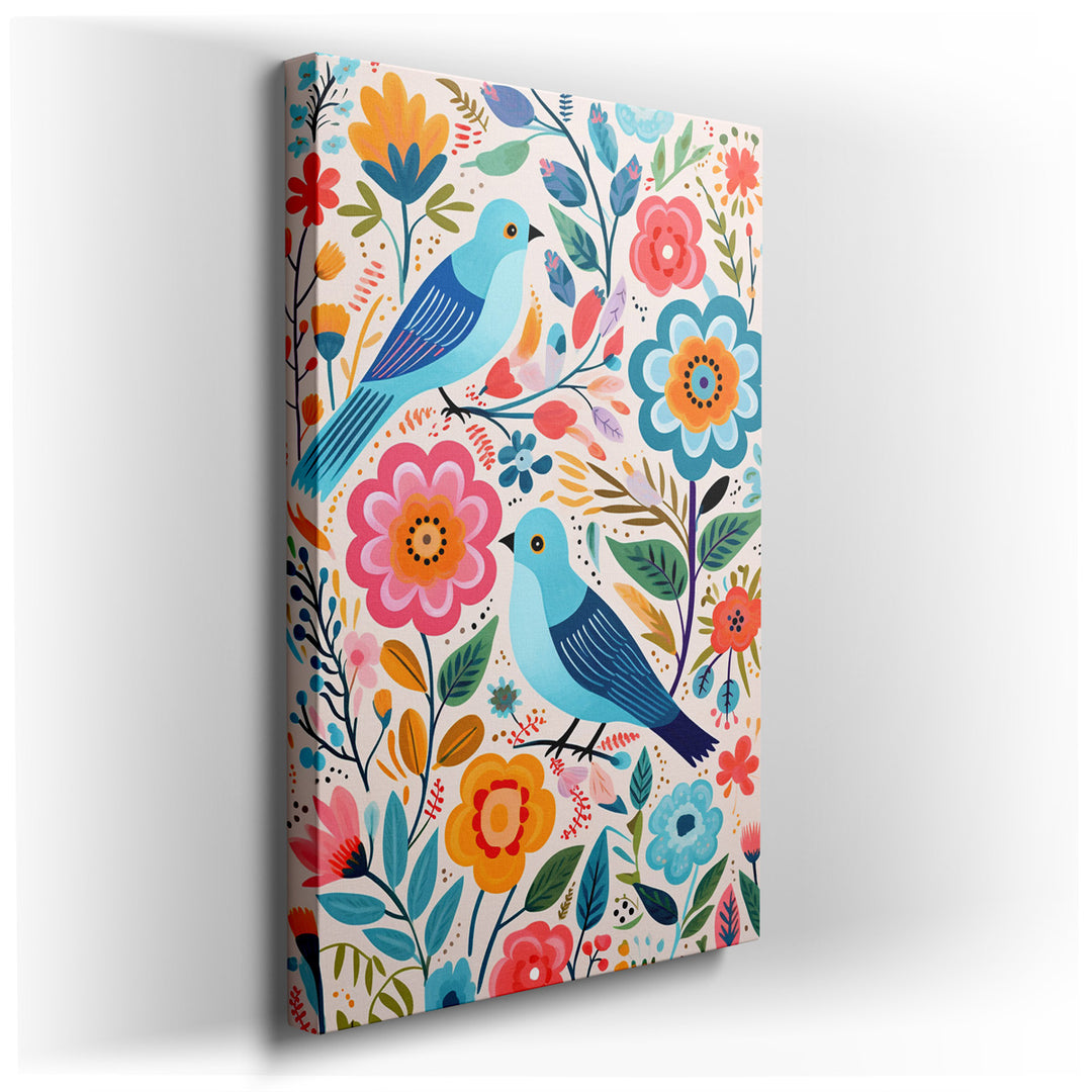 canvas print on wrapped canvas for wall decor – This enchanting wall art captures the essence of a serene natural setting, where two delightful blue birds are comfortab...
