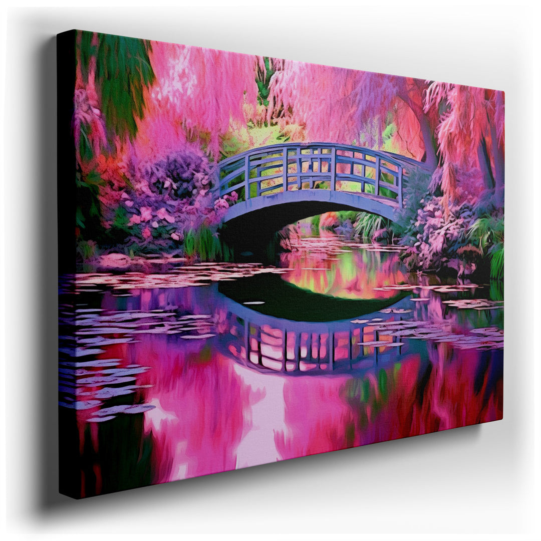 canvas print on wrapped canvas for wall decor – This captivating wall art portrays a whimsical bridge, gracefully arched and nestled among an array of colorful, vibrant...