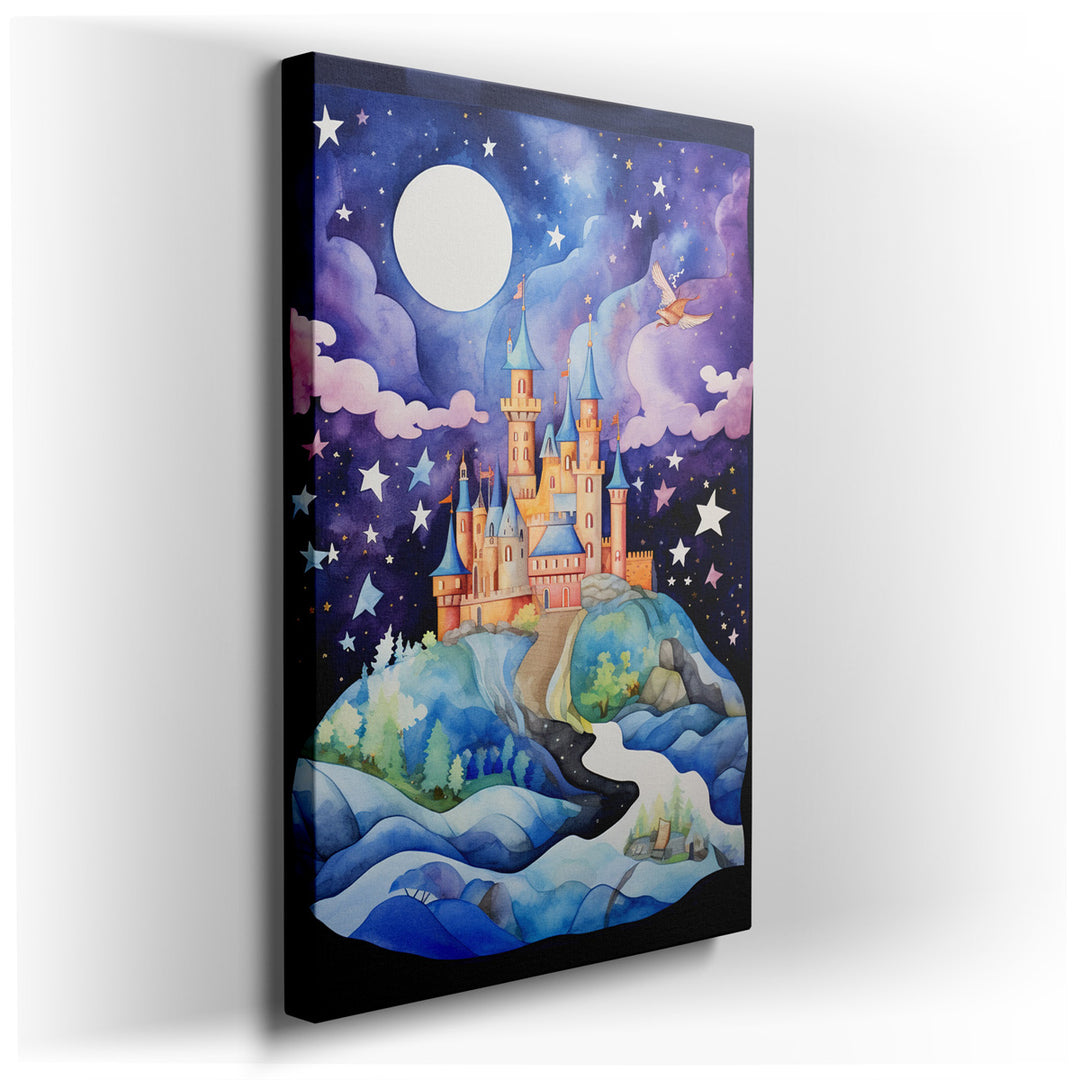 canvas print on wrapped canvas for wall decor – This enchanting wall art captures the essence of a mystical realm, where a whimsical castle stands majestically against...