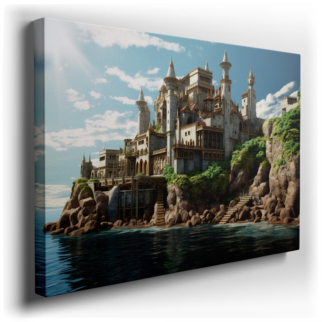 canvas print on wrapped canvas for wall decor – This wall art, a mesmerizing depiction of a fantastical castle perched precariously on rugged cliffs overlooking the sea...