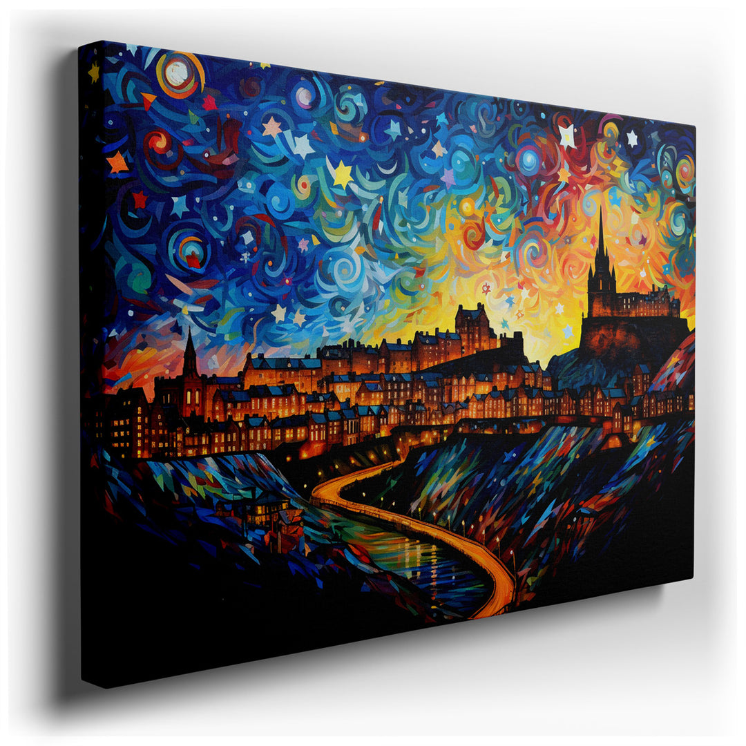 canvas print on wrapped canvas for wall decor – This captivating wall art offers a mesmerizing artistic interpretation of Edinburgh, masterfully blending vibrant colors...