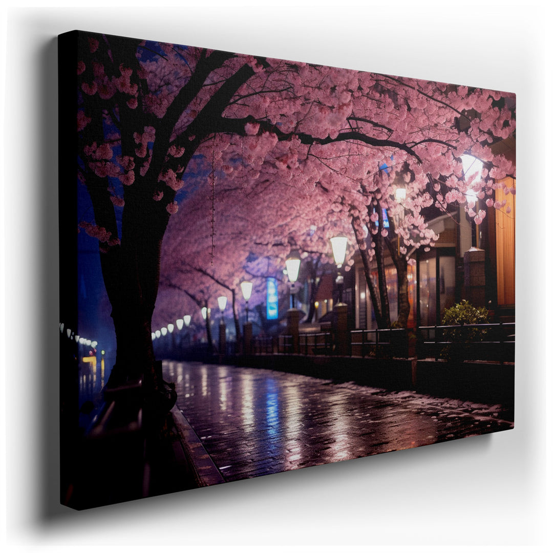canvas print on wrapped canvas for wall decor – This enchanting wall art portrays a serene nighttime scene, where the gentle illumination of soft lights casts a warm gl...