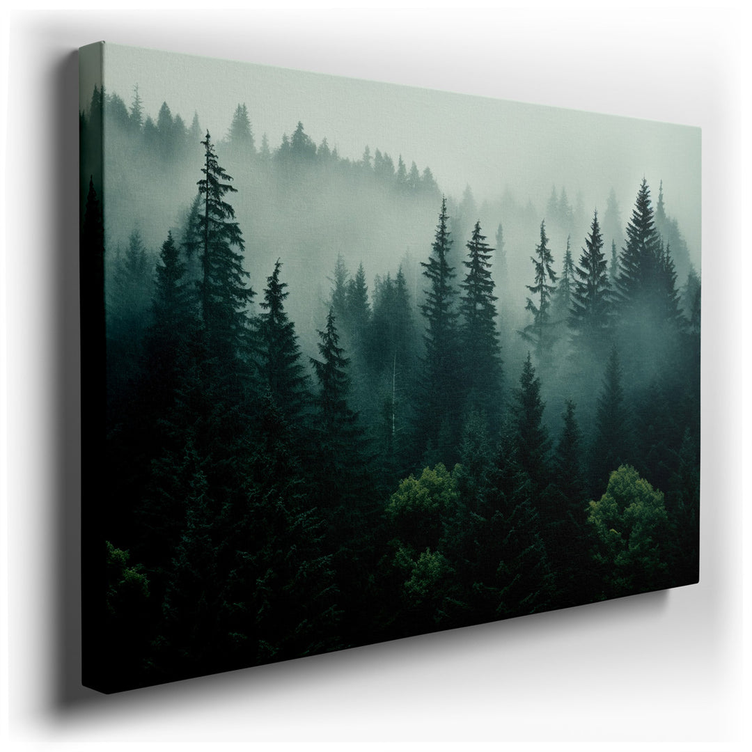 canvas print on wrapped canvas for wall decor – This wall art, a masterful depiction of a mist-enshrouded forest, captures the serene and mystical essence of nature in...