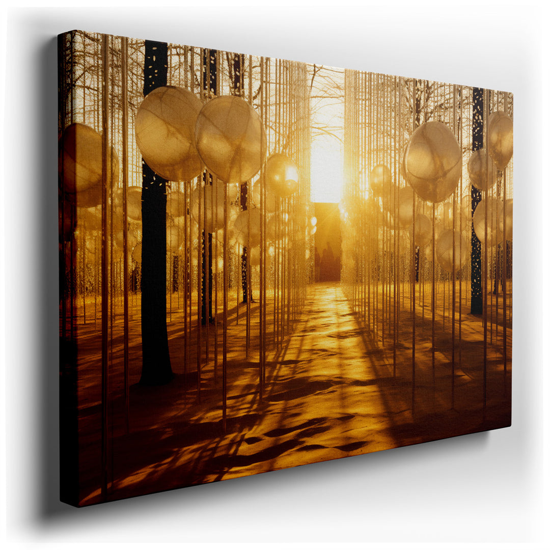 canvas print on wrapped canvas for wall decor – This wall art, a stunning portrayal of a forest scene intertwined with an abstract light installation, offers a unique a...