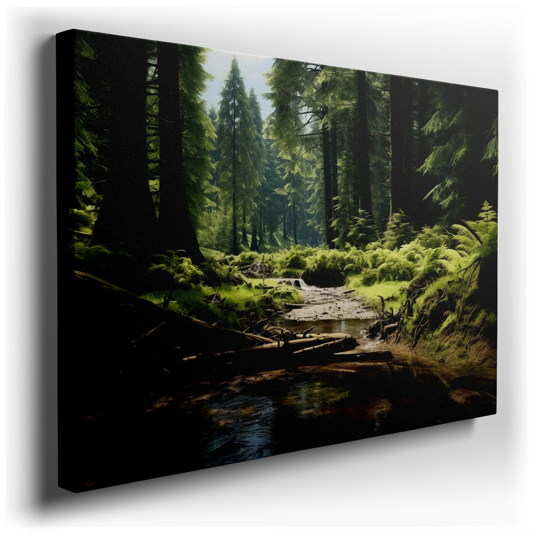 canvas print on wrapped canvas for wall decor – This wall art captures a mesmerizing forest scene, where the lushness of nature is portrayed with a vividness that almos...