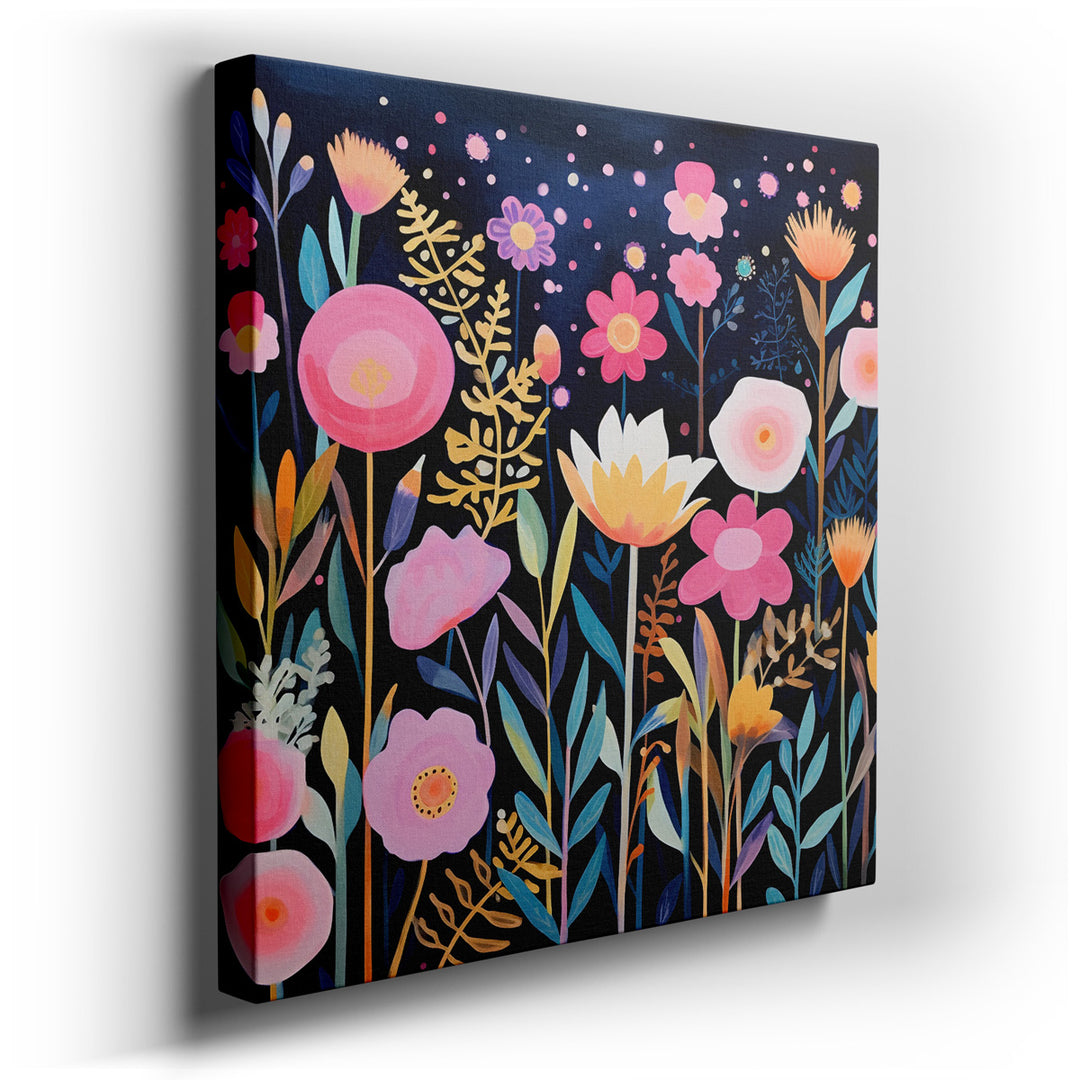 canvas print on wrapped canvas for wall decor – This enchanting wall art captures the essence of a serene garden brimming with a delightful array of flowers, each bloom...