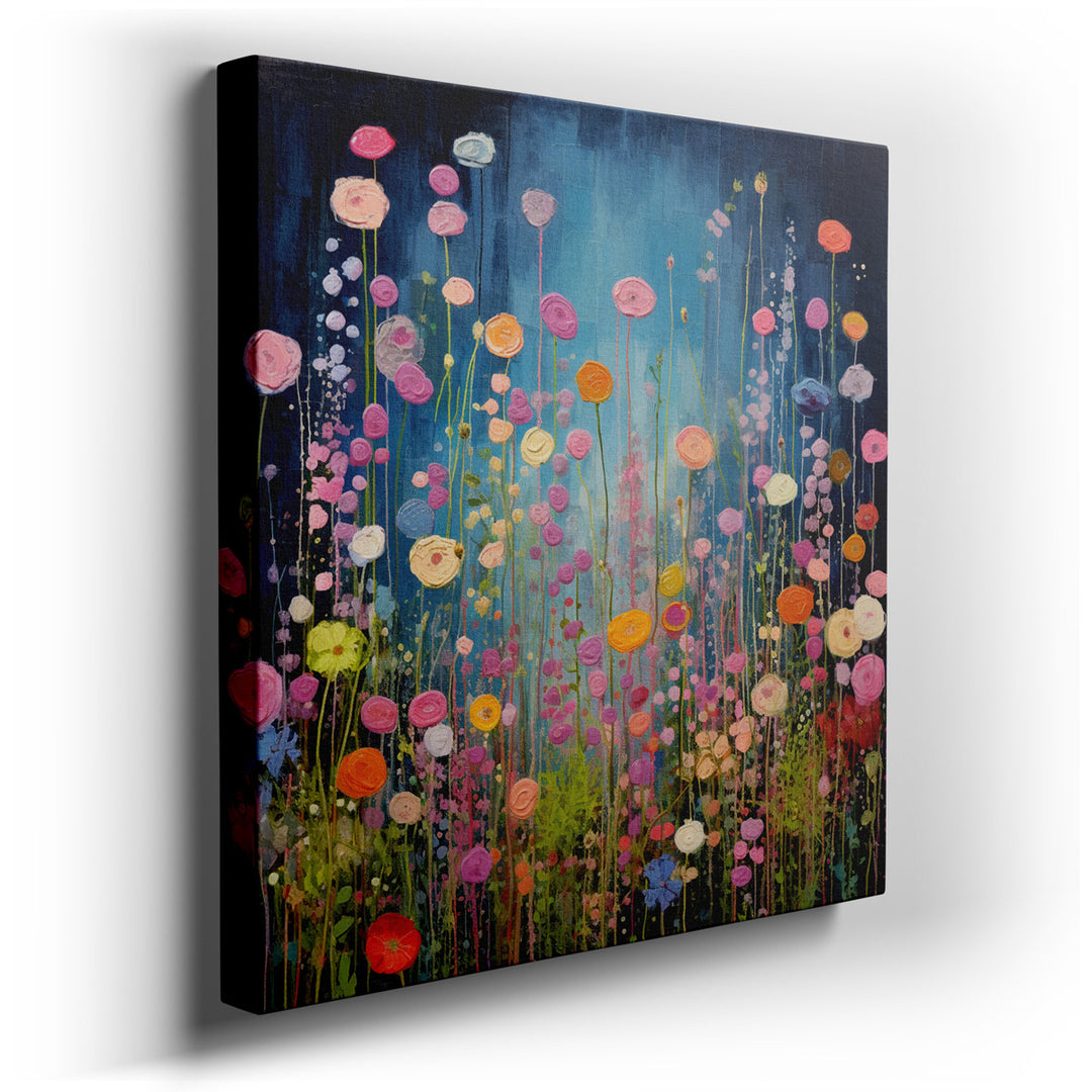 canvas print on wrapped canvas for wall decor – This enchanting wall art, brimming with whimsical charm and vibrant energy, captures the essence of a lively garden scen...