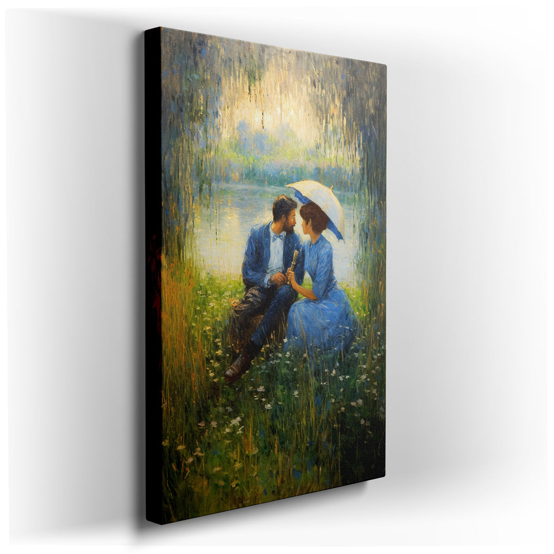 canvas print on wrapped canvas for wall decor – This enchanting wall art captures a tender moment between a couple in a vintage garden setting, beautifully conveying a...