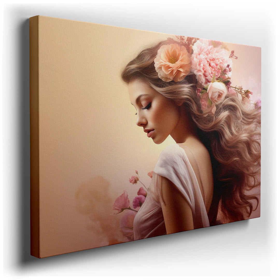 canvas print on wrapped canvas for wall decor – This enchanting wall art captures the essence of romance and femininity through the portrait of a woman whose presence i...