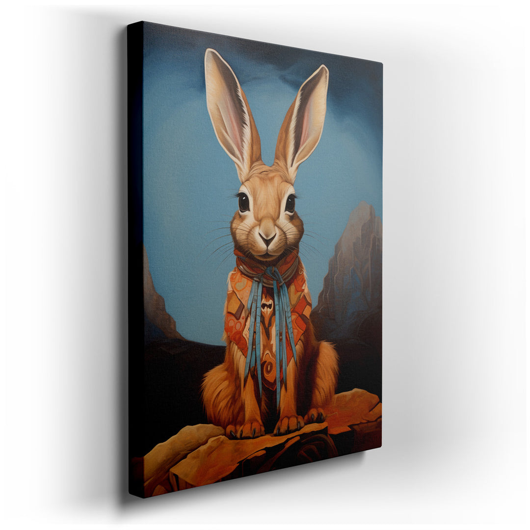 canvas print on wrapped canvas for wall decor – This captivating wall art portrays a delightful hare, adorned with a vibrant, colorful scarf, which immediately draws th...
