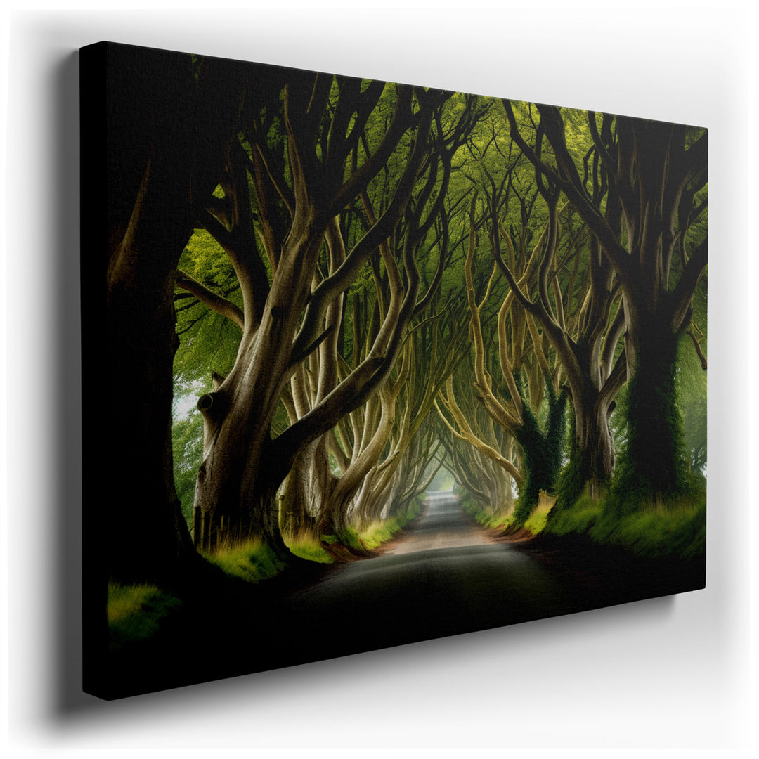 canvas print on wrapped canvas for wall decor – This enchanting wall art captures a serene road enveloped by a natural tunnel formed by gracefully intertwined trees, cr...