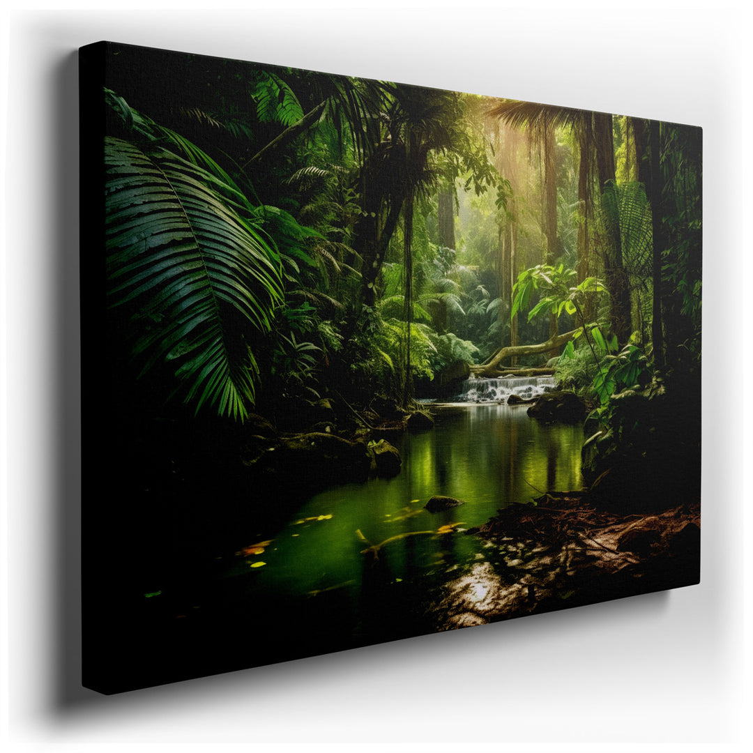 canvas print on wrapped canvas for wall decor – This enchanting wall art captures the serene beauty of a secluded rainforest scene, where a gentle stream meanders throu...