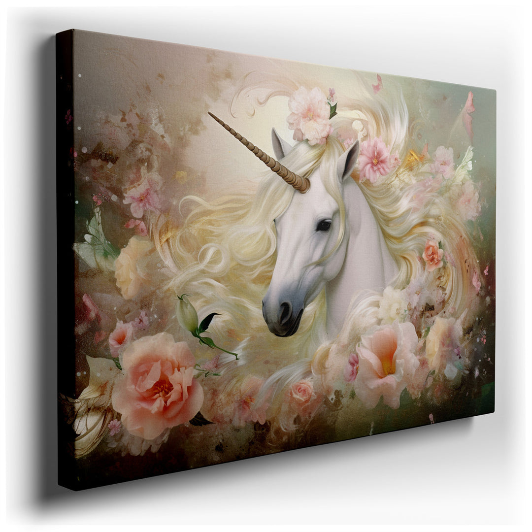 canvas print on wrapped canvas for wall decor – This wall art, a masterful depiction of a mythical unicorn amidst a lush, blooming garden, is a true testament to the po...