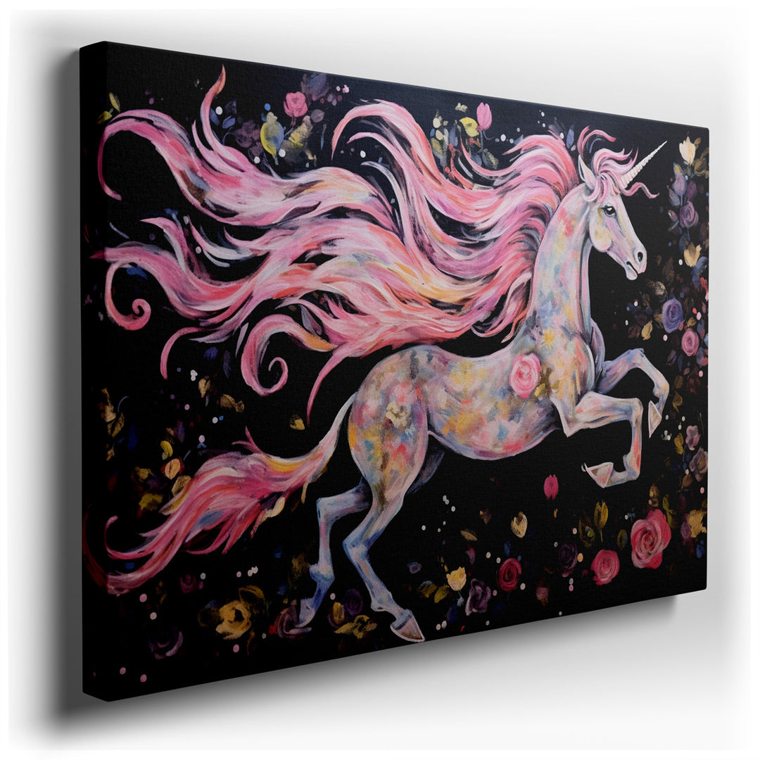 canvas print on wrapped canvas for wall decor – This captivating wall art, a true masterpiece of fantasy art, features a majestic unicorn at its center, exuding an aura...