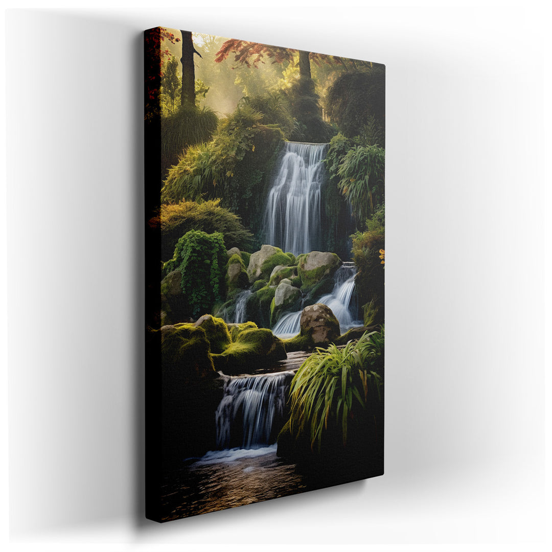 canvas print on wrapped canvas for wall decor – This exquisite wall art captures the mesmerizing beauty of a secluded waterfall, gracefully tumbling over moss-laden roc...