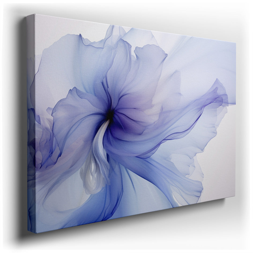 canvas print on wrapped canvas for wall decor – This exquisite wall art captures the essence of a graceful blue flower, portrayed in a mesmerizing abstract style that d...