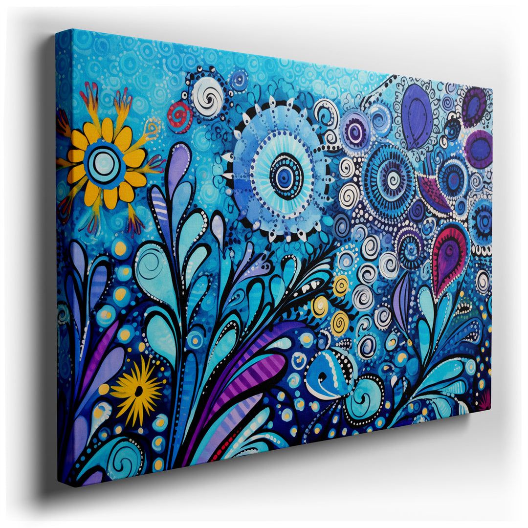 canvas print on wrapped canvas for wall decor – This exquisite wall art is a celebration of floral magnificence, rendered in a palette of deep blues and vivid purples t...
