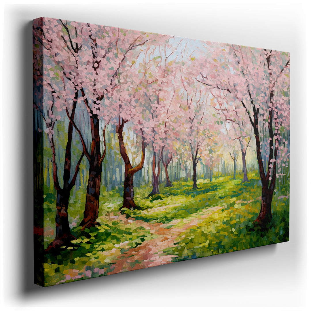 canvas print on wrapped canvas for wall decor – The wall art captures a serene and enchanting scene of cherry blossom trees at the peak of their bloom, creating a canop...