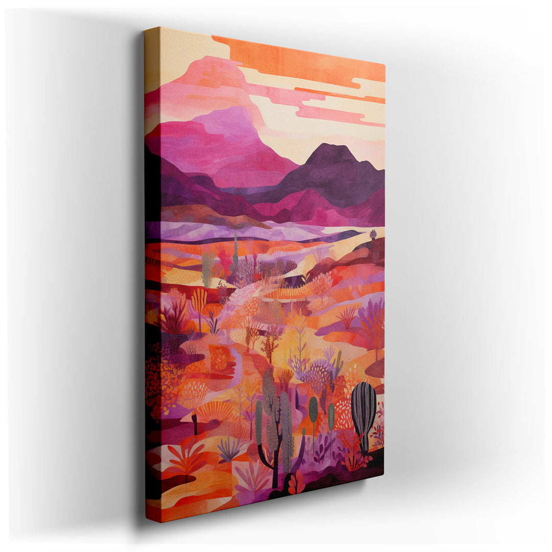 canvas print on wrapped canvas for wall decor – This captivating wall art portrays a mesmerizing desert landscape at dusk, a time when the sky and earth conspire to dis...