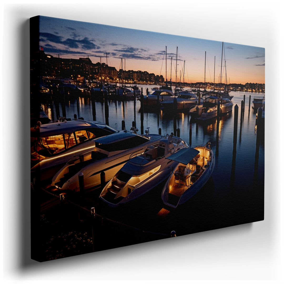 canvas print on wrapped canvas for wall decor – This wall art captures an enchanting dusk scene at a vibrant marina, where the tranquility of the evening is palpable. T...