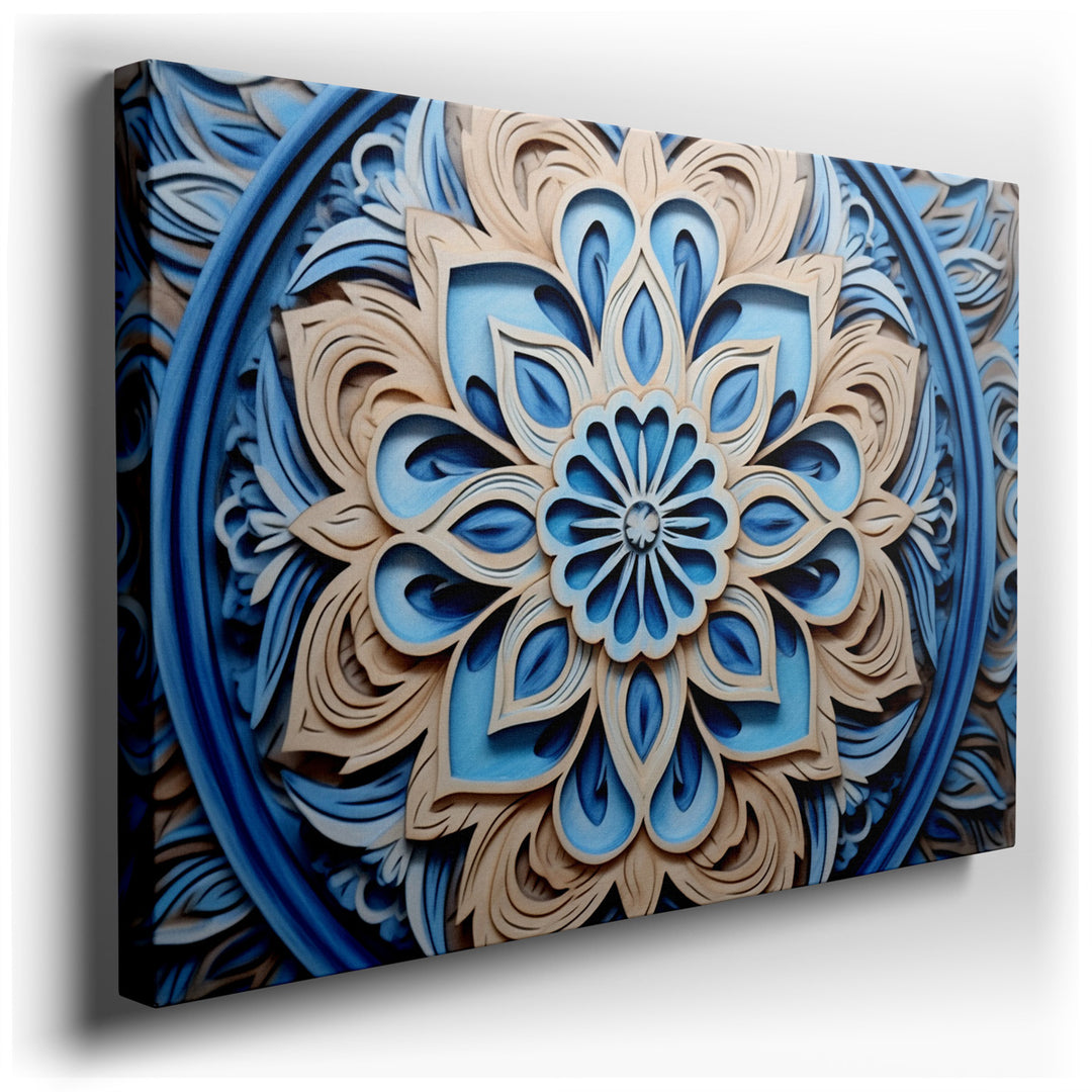 canvas print on wrapped canvas for wall decor – This captivating wall art is a masterful representation of floral wood carving, rendered in a palette of soft blues and...