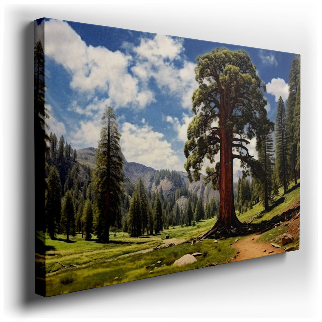 canvas print on wrapped canvas for wall decor – This exquisite wall art captures the essence of a vibrant forest, brimming with towering trees that stretch towards the...