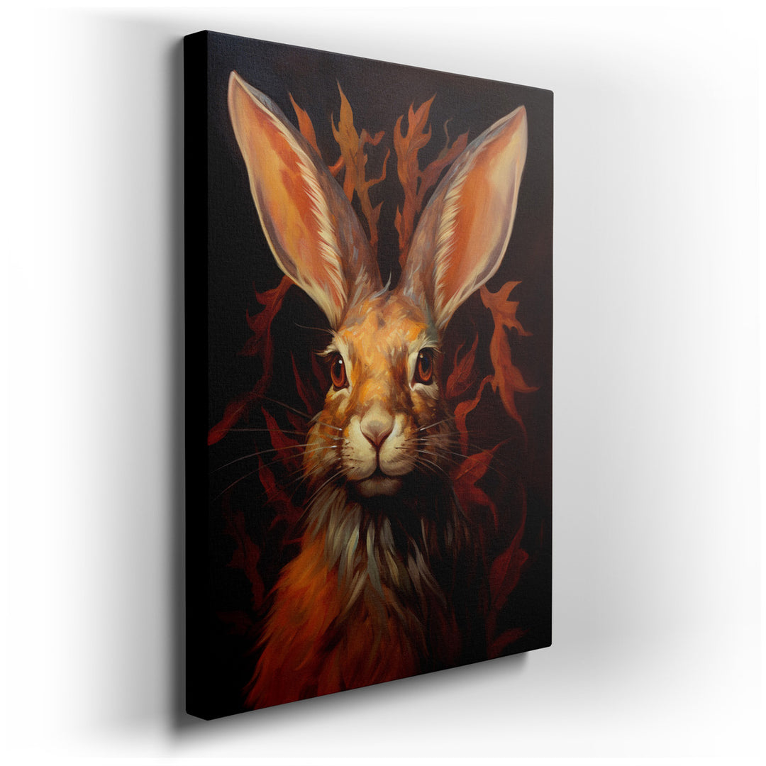 canvas print on wrapped canvas for wall decor – This enchanting wall art captures the essence of autumn's magic through the depiction of a whimsical hare, set against a...