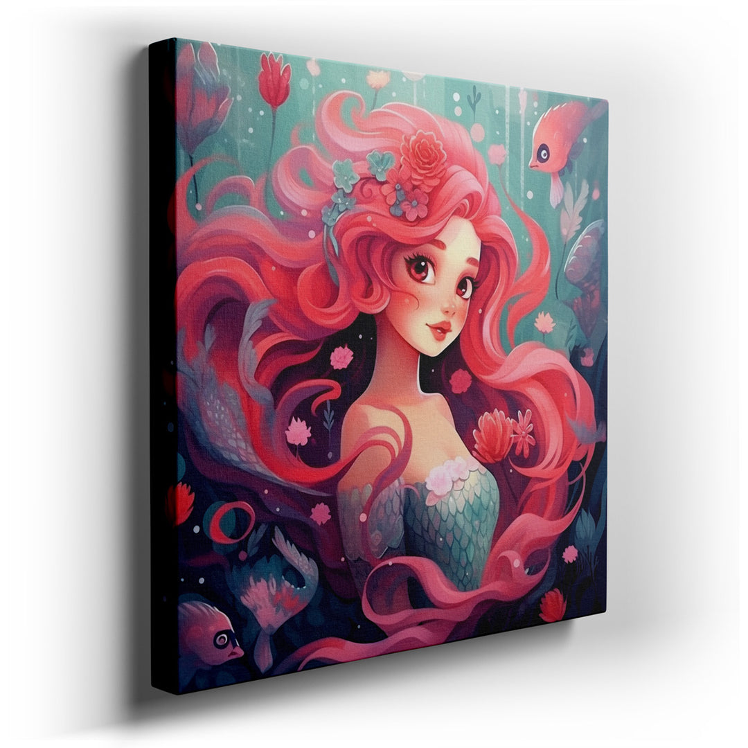 canvas print on wrapped canvas for wall decor – This captivating wall art, a mesmerizing depiction of a mermaid with striking coral hair, invites viewers into a serene...