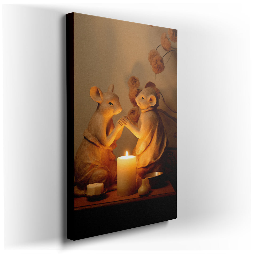 canvas print on wrapped canvas for wall decor – This captivating wall art, a masterful depiction of a serene and intimate scene, features two exquisitely crafted mouse...