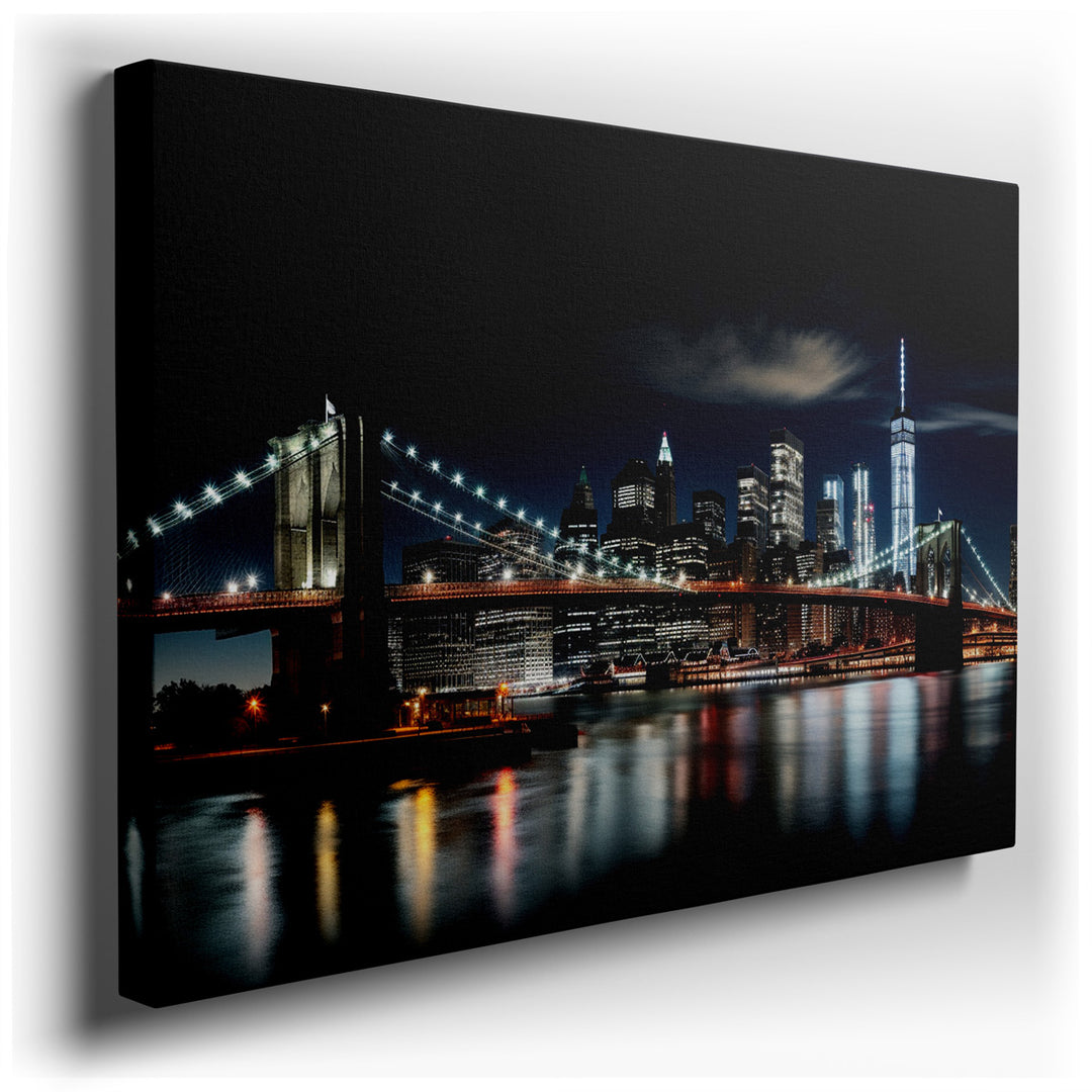 canvas print on wrapped canvas for wall decor – This captivating wall art masterfully portrays the iconic Brooklyn Bridge illuminated under the night sky, set against t...