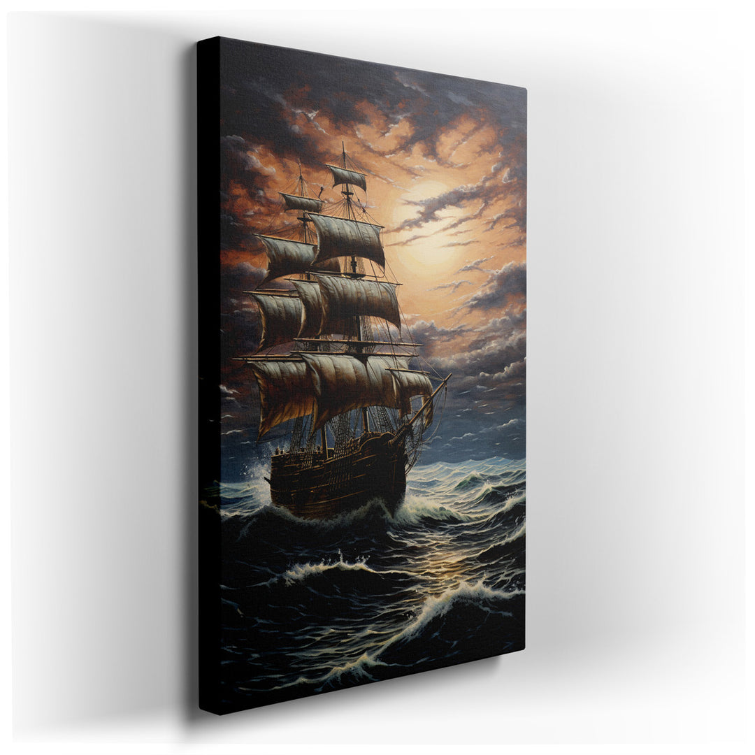 canvas print on wrapped canvas for wall decor – This wall art, a mesmerizing depiction of a ship sailing under a dramatic sky illuminated by the ethereal glow of moonli...