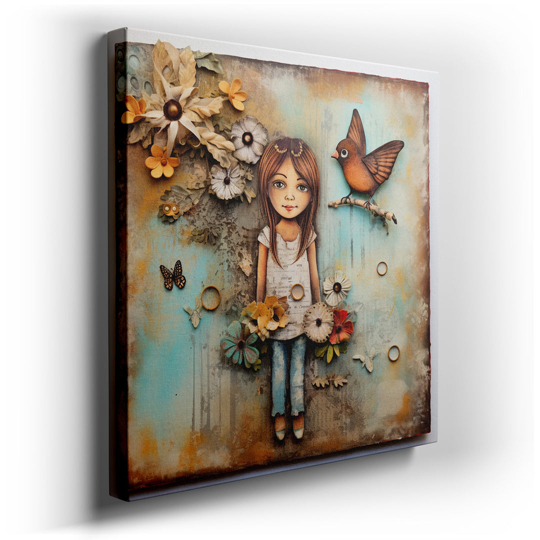 canvas print on wrapped canvas for wall decor – This enchanting wall art captures a serene moment in nature, featuring a young girl at the heart of a whimsical scene su...