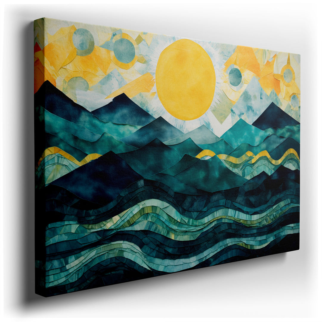 canvas print on wrapped canvas for wall decor – This captivating wall art portrays an inviting seascape where gentle waves gracefully meet majestic mountains under the...