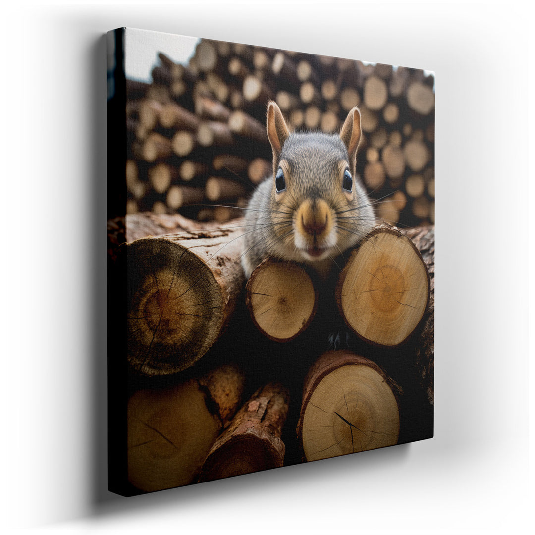 canvas print on wrapped canvas for wall decor – This enchanting wall art captures the essence of a curious squirrel, delicately nestled among a stack of rustic logs, of...