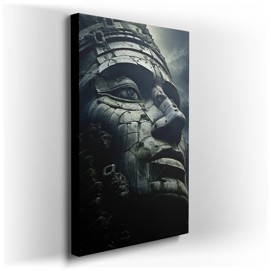 canvas print on wrapped canvas for wall decor – The wall art in question is a masterful depiction of an intricate stone face, rendered with such precision and depth tha...