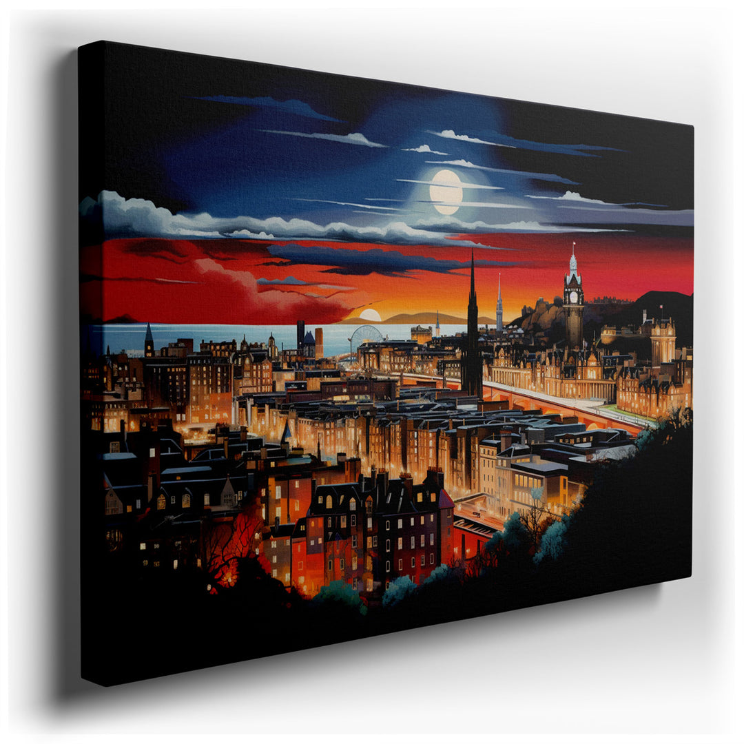 canvas print on wrapped canvas for wall decor – This captivating wall art offers a breathtaking depiction of a sunset over Edinburgh, masterfully capturing the essence...