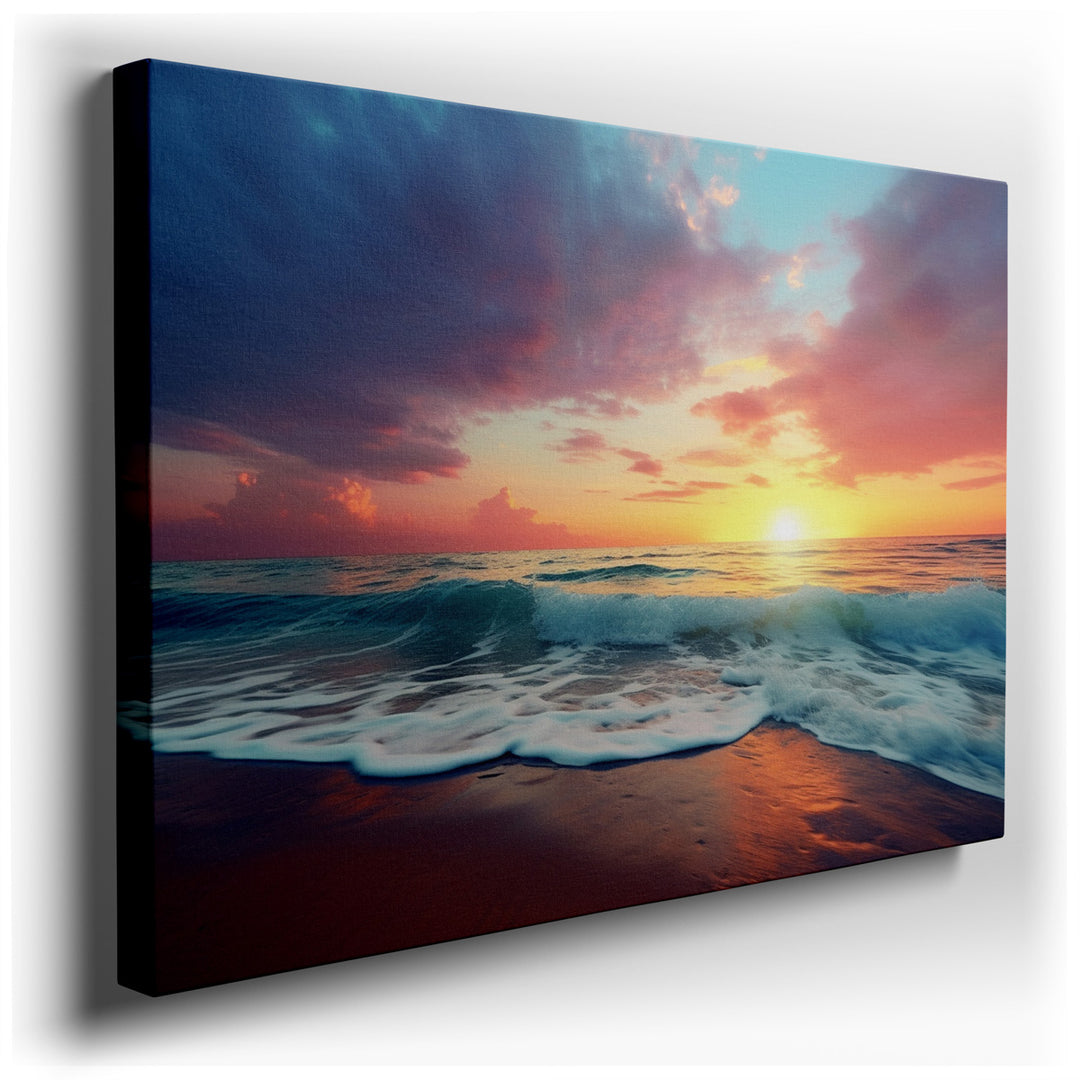 canvas print on wrapped canvas for wall decor – This wall art, a masterful depiction of a sunset, is an exquisite representation of the day's end, where the sky becomes...