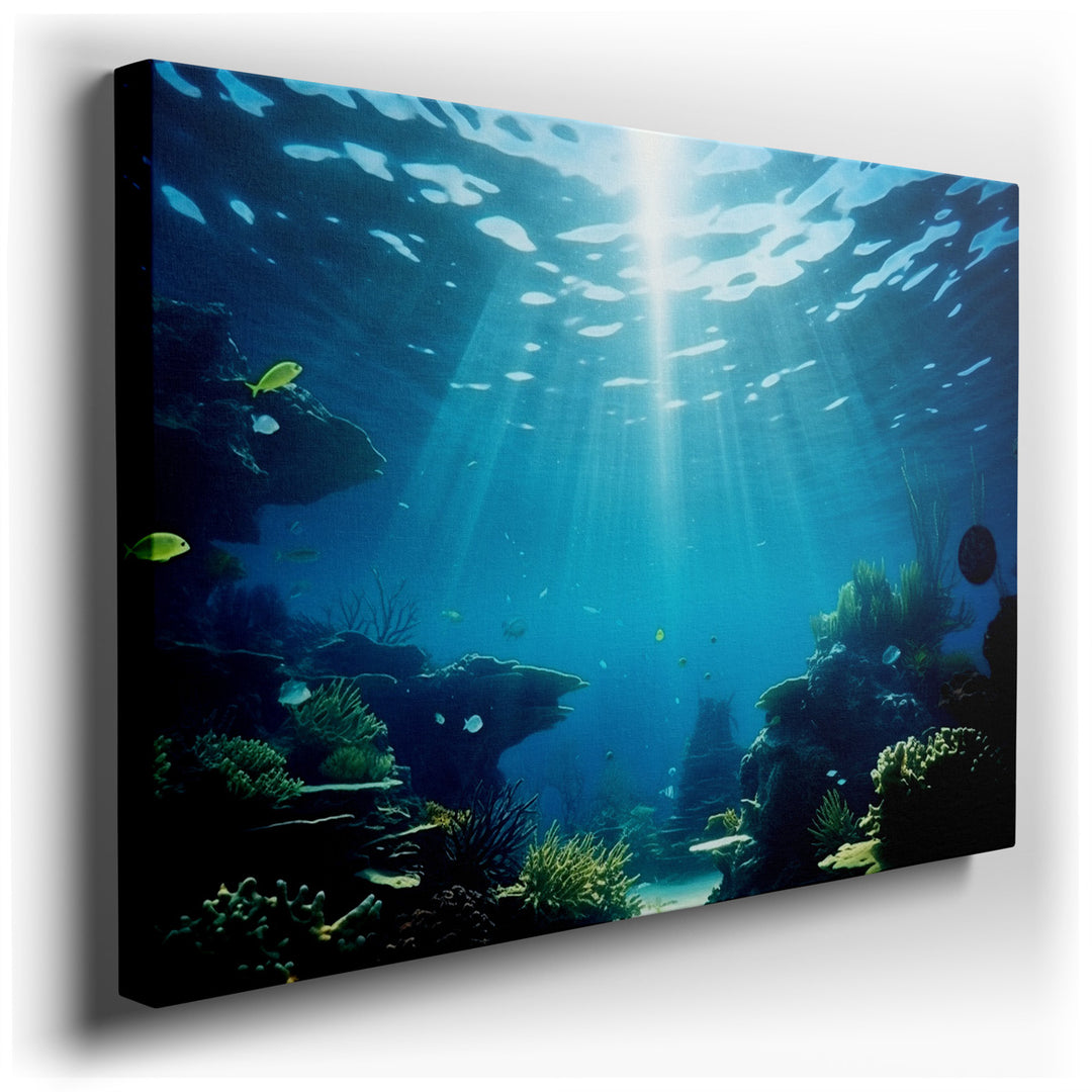canvas print on wrapped canvas for wall decor – This exquisite wall art vividly portrays a mesmerizing underwater coral reef ecosystem, where the interplay of light and...