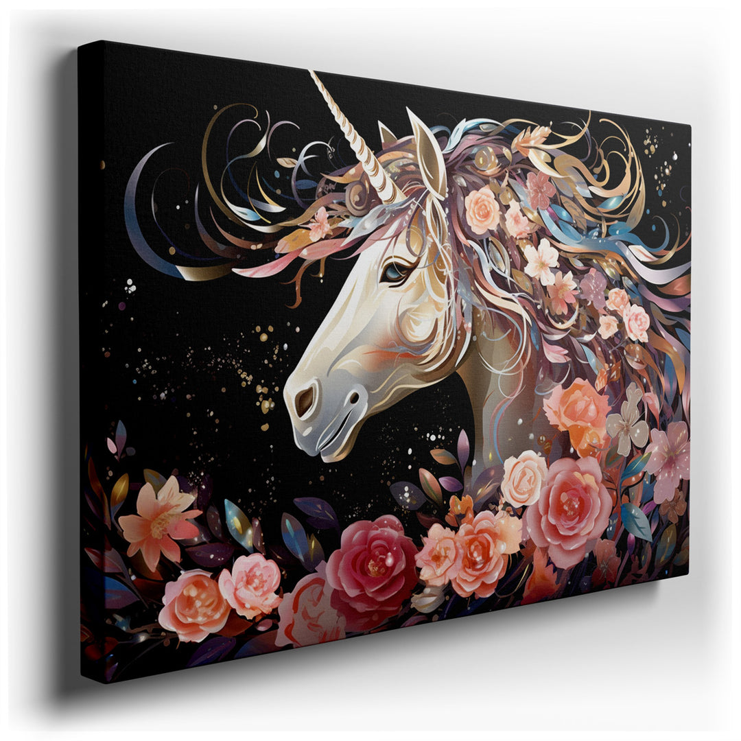 canvas print on wrapped canvas for wall decor – This enchanting wall art captures the essence of a mythical realm, featuring a majestic unicorn at its center. The unico...