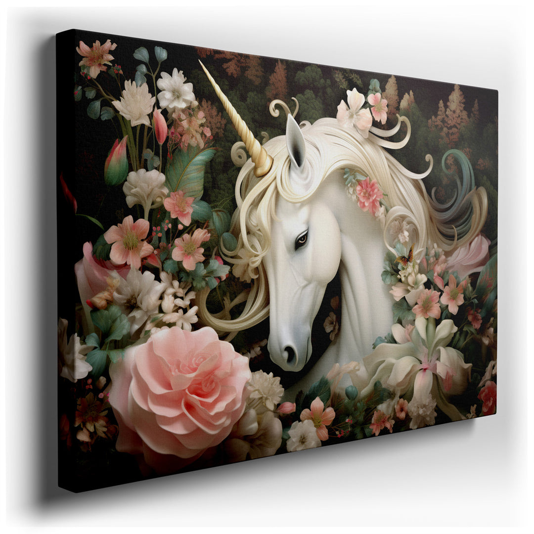 canvas print on wrapped canvas for wall decor – This enchanting wall art captures the essence of a mystical realm where the central figure, a captivating unicorn, stand...