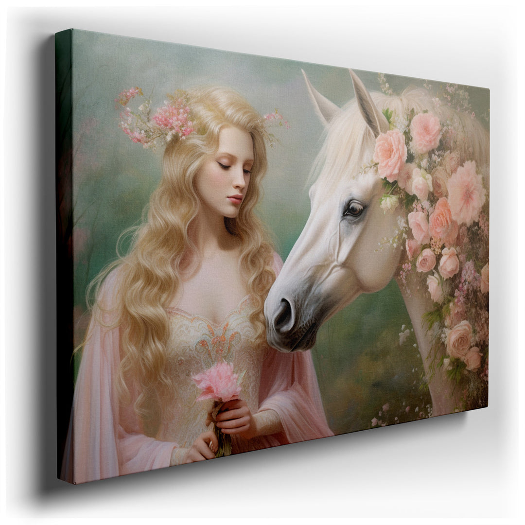 canvas print on wrapped canvas for wall decor – This enchanting wall art captures a serene moment between a young woman and a white horse, set against a lush, floral ba...