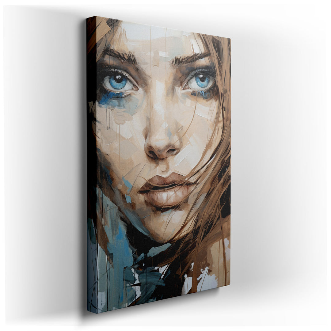 canvas print on wrapped canvas for wall decor – This wall art, a stunning portrayal of a woman's face, is a masterpiece of emotional depth and artistic technique. The a...