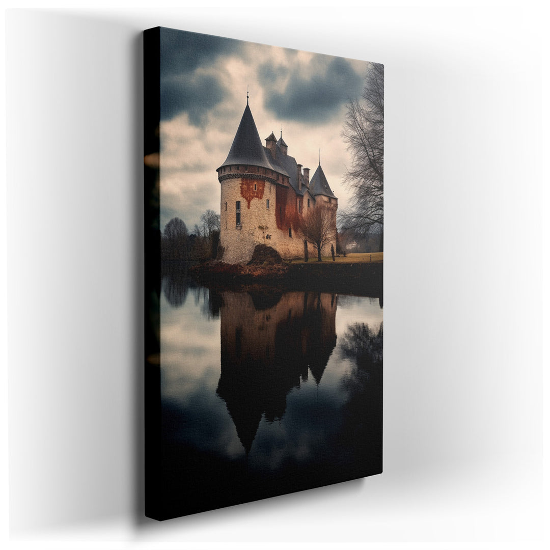 canvas print on wrapped canvas for wall decor – This wall art, a mesmerizing depiction of an old castle by a lake, enveloped by enigmatic trees, is a masterpiece that c...