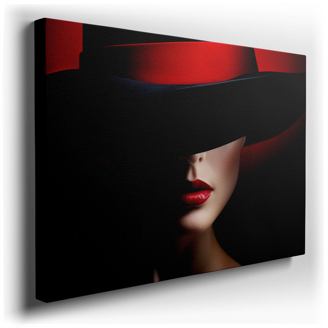 canvas print on wrapped canvas for wall decor – This wall art, a mesmerizing depiction of a woman partially concealed by a wide-brimmed black hat, is a masterful explor...