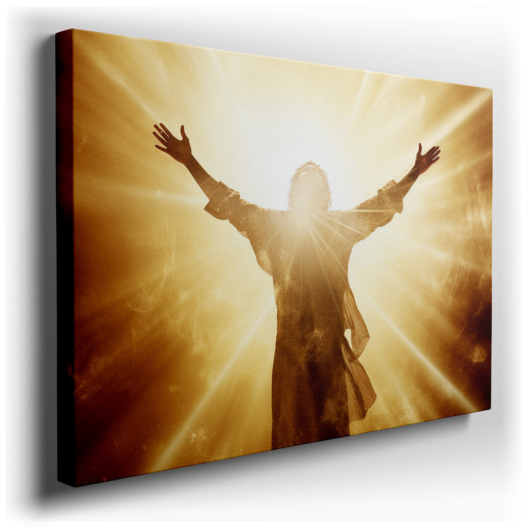 canvas print on wrapped canvas for wall decor – This wall art, a mesmerizing composition of light and symbolism, portrays a radiant figure emerging from a burst of gold...