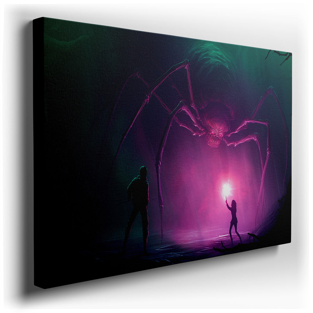 canvas print on wrapped canvas for wall decor – This wall art captures a moment of epic confrontation between a lone figure and a colossal spider, set within a mystical...