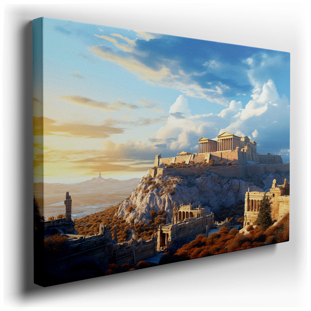 canvas print on wrapped canvas for wall decor – The wall art captures the iconic Acropolis, perched regally atop its historic hill, bathed in a soft, ethereal light tha...