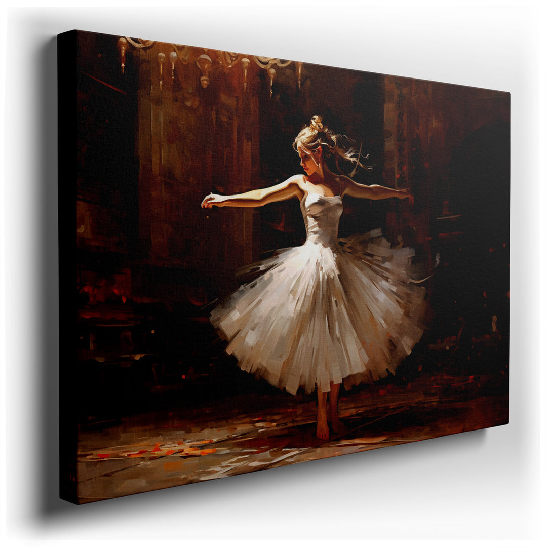 canvas print on wrapped canvas for wall decor – The wall art captures a mesmerizing moment of a ballerina in mid-twirl, her form embodying both the peak of artistic exp...