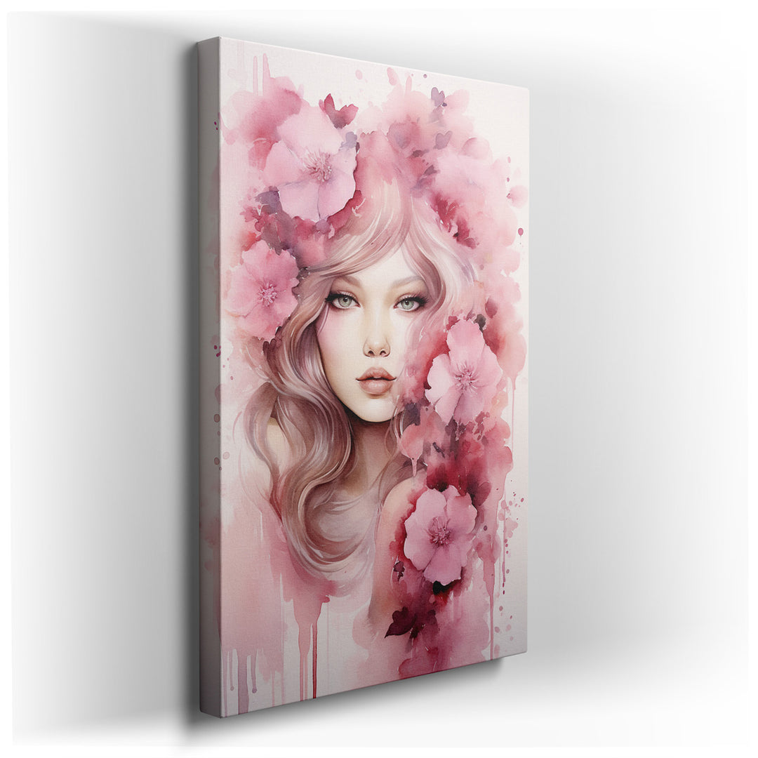 canvas print on wrapped canvas for wall decor – This exquisite wall art, titled "Ethereal Blossoms," is a masterful representation of feminine grace and natural beauty,...
